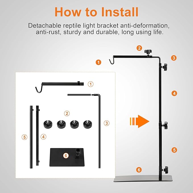 Simple Deluxe Height Adjustable Reptile Lamp Stand Metal Floor Light Holder Basking Lamp Support Bracket, for Terrarium Heating Light and Dome lampshade, Large,Black