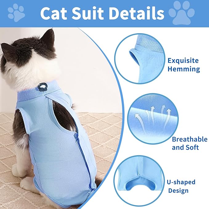 Cat Recovery Suit, Kitten Surgical Bodysuit for Abdominal Wound Anti Licking After Surgery, Pet Surgical Recovery Snugly Suit Cat Spay Recovery Suit Female for Small Male Female Cats Blue L