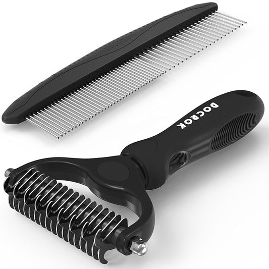 Pet Grooming Brush and Metal Comb Combo, Cat Brush Dog Brush for Shedding, Undercoat Rake for Dogs Grooming, Dematting Deshedding Brush Dogs Shedding Tool for Long matted Haired Pets, Black