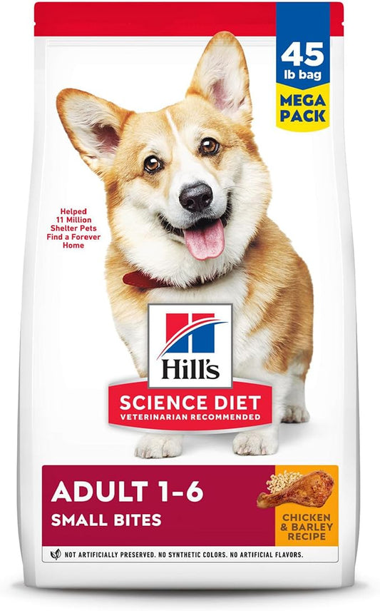 Hill's Science Diet Adult 1-6, Adult 1-6 Premium Nutrition, Small Kibble, Dry Dog Food, Chicken & Barley, 45 lb Bag