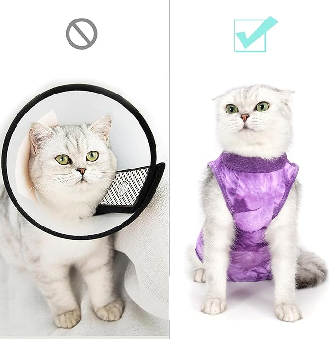 Cat Recovery Suit for Male and Female Surgical Post Surgery Soft Cone Onesie Tie Dye Cats Shirt Clothes Neuter Licking Protective Diapers Outfit Cover Kitten Spay Collar Alternative(Purple, L)