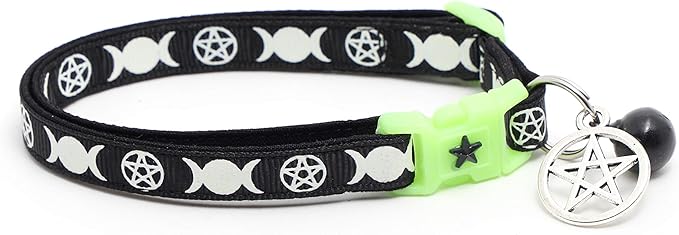 Wicca Cat Collar with Occult Charm & Bell | Witch’s Familiar Cat Collar | Witch Kitten Collar Charms | Glow in The Dark | Safety Breakaway Collar (Large(10lbs & Up), Black)