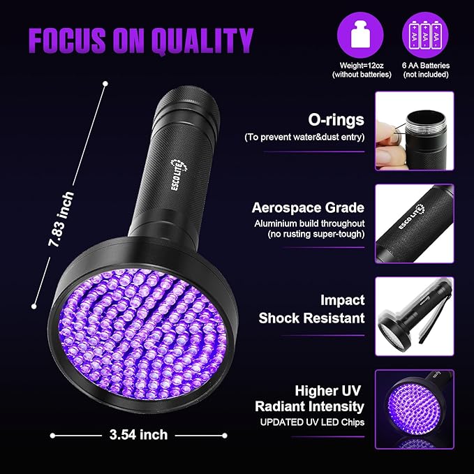 ESCO LITE UV Black Light Flashlight, Powerful 128LED Handheld Ultraviolet Flashlight Upgraded Bright Blacklight Detector for Dog Urine, Scorpion and Bed Bug