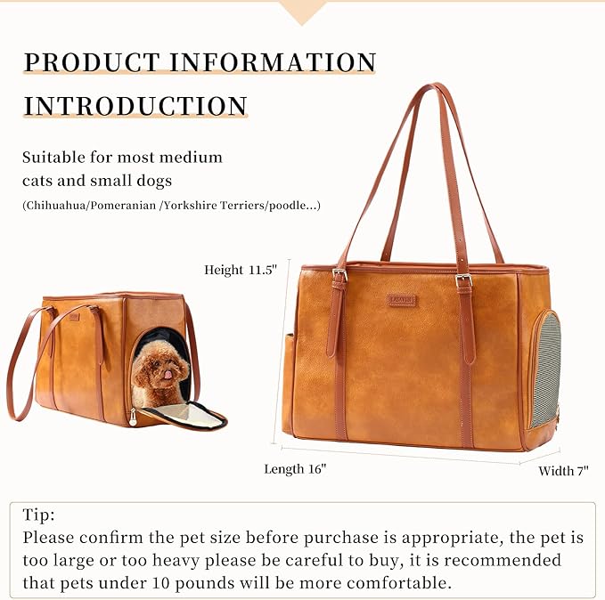 Fashion Dog purse Pet Carrier Leather Bag for Small Dogs Cats Puppy, Portable Tote Bag Airline Approved Soft-Sided Carriers (Brown)