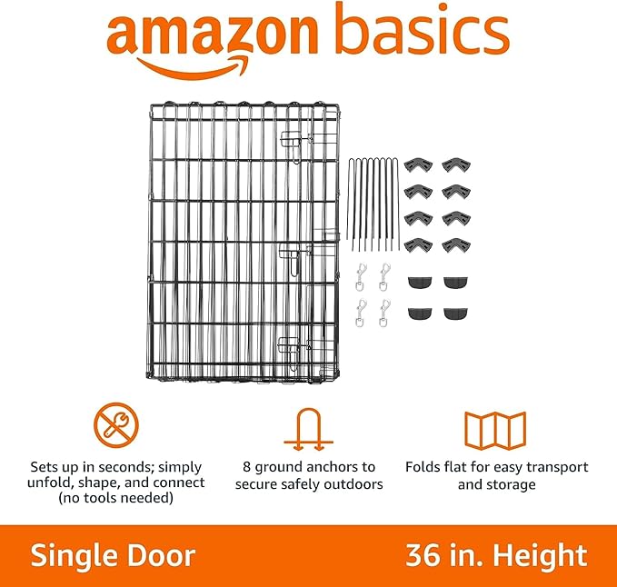 Amazon Basics Foldable Octagonal Metal Exercise Pet Play Pen for Dogs, Fence Pen, Single Door, 60 x 60 x 36 Inches, Medium - 36"H, Metal, Black