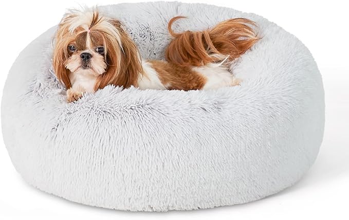 Bedsure Calming Dog Bed for Small Dogs - Donut Washable Small Pet Bed, 23 inches Anti-Slip Round Fluffy Plush Faux Fur Large Cat Bed, Fits up to 25 lbs Pets, Frost Grey