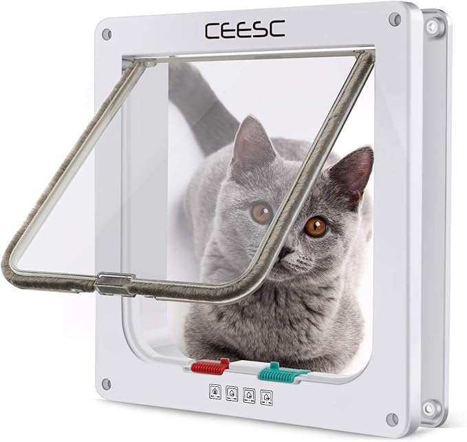 CEESC Cat Flap Door Magnetic Pet Door with 4 Way Lock for Cats, Kitties and Kittens, 3 Sizes and 2 Colors Options (M- Inner size: 6.18"(W) x 6.30"(H), White)