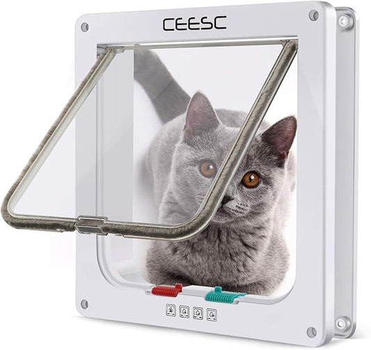 CEESC Cat Flap Door Magnetic Pet Door with 4 Way Lock for Cats, Kitties and Kittens, 3 Sizes and 2 Colors Options (M- Inner size: 6.18"(W) x 6.30"(H), White)