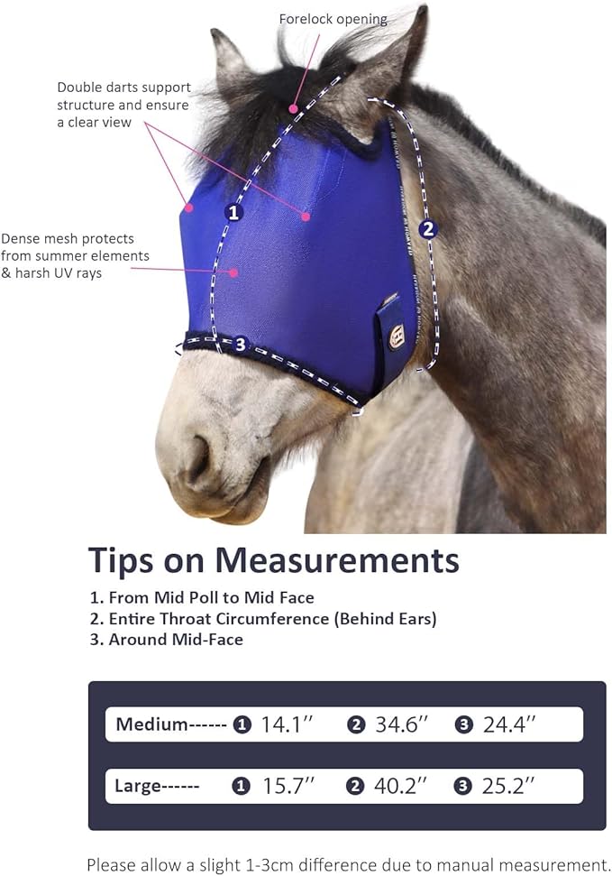 Harrison Howard All-Round Mesh Horse Fly Mask UV Protective with Fleece-Padded Edging Deep Navy L