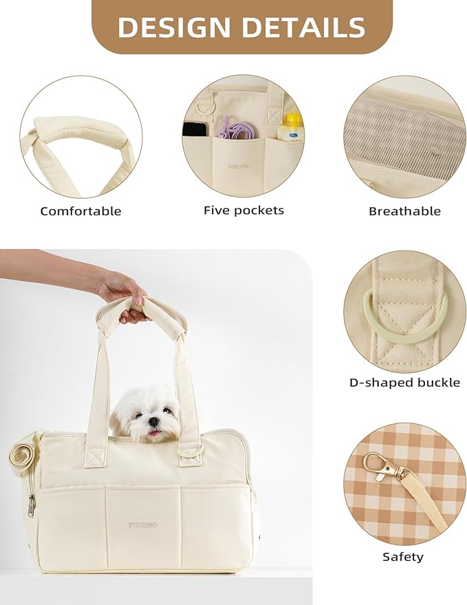 Dog Carrier for Small Dogs Rabbit cat with Large Pockets, Cotton Bag, Dog Carrier Soft Sided, Collapsible Travel Puppy Carrier (Beige, 17" L x 7.5" W x 12" H)