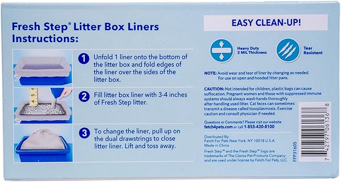 Fresh Step Drawstring Cat Litter Box Liners, Unscented, Size Large, 30" x 17" | Kitty Litter Bags - Cat Litter Liners for Rectangle or Oval Litterboxes, 15 Count - 12 Pack