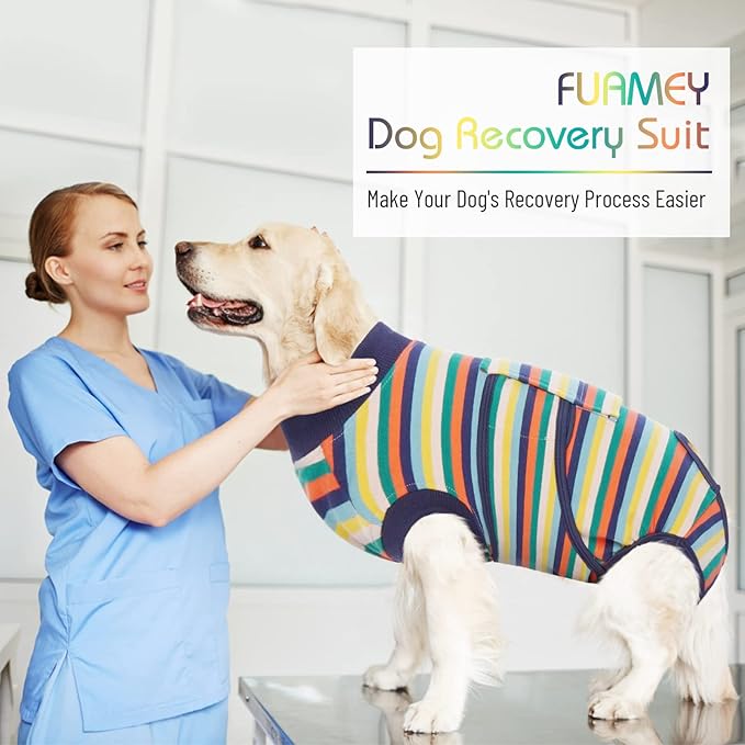 FUAMEY Recovery Suit for Dogs After Surgery,Soft Breathable Dog Bodysuit E-Collar & Cone Alternative Surgical Suit,Male Female Dog Neuter Spay Suits Anti Licking Wounds Onesie Dark Blue Stripes XS