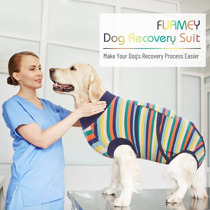 FUAMEY Recovery Suit for Dogs After Surgery,Soft Breathable Dog Bodysuit E-Collar & Cone Alternative Surgical Suit,Male Female Dog Neuter Spay Suits Anti Licking Wounds Onesie Dark Blue Stripes S