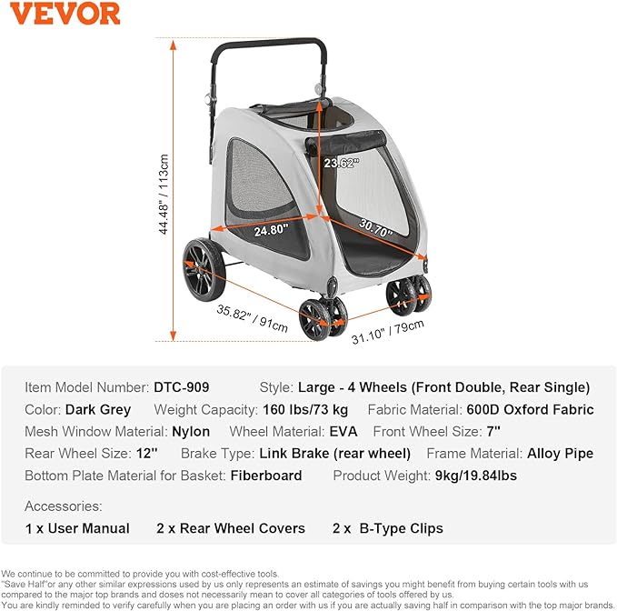 VEVOR Extra Large Dog Stroller for Dogs Up to 160lbs, 4 Wheel Handle-Adjustable Pet Stroller for Large Dogs, Dog Jogging Carriage Stroller for 2 Dogs