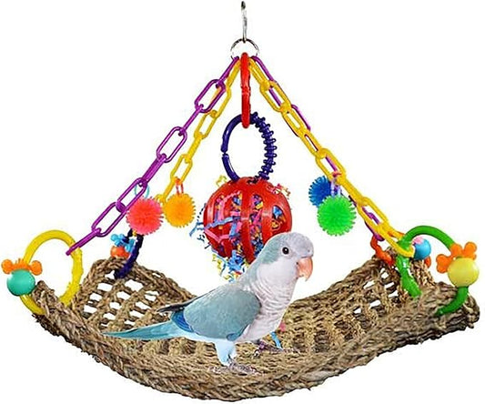 Super Bird Creations SB748 Flying Trapeze Bird Toy for Conures, Quakers, Caiques, Pionus, Senegals, Multi-Colored Chain, Seagrass Mat, Enrichment Toy - Medium Bird Size, 14" x 13" x 12"