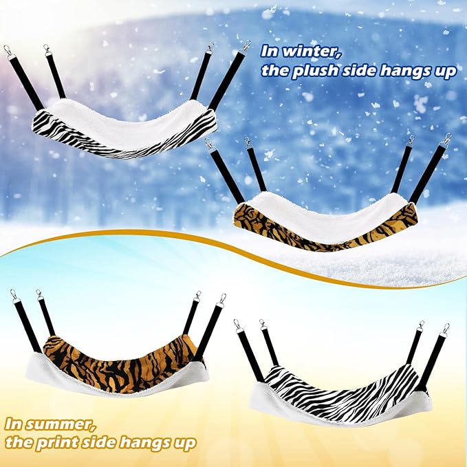 2 Pieces Reversible Cat Hanging Hammock Soft Breathable Pet Cage Hammock with Adjustable Straps and Metal Hooks Double-Sided Hanging Bed for Cats Small Dogs Rabbits (Zebra, Tiger Stripes,S)