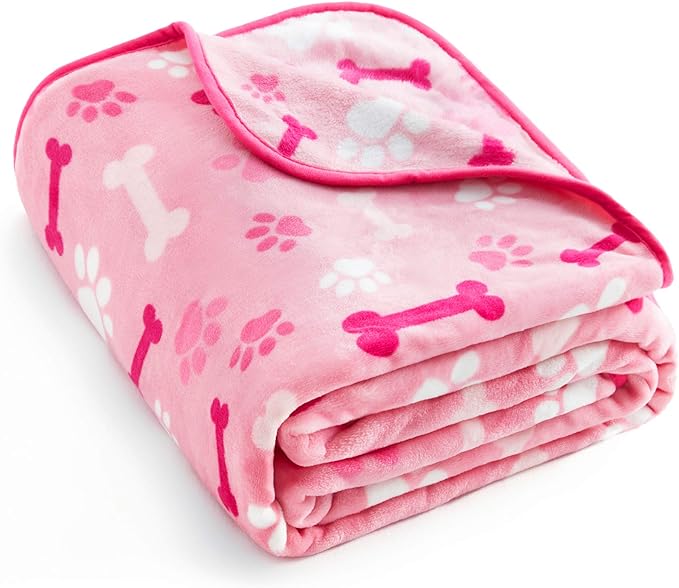 Allisandro Luxurious Dog Blanket, 350 GSM Super Fuzzy Microplush Fleece Pet Blankets for Small Medium Large Dogs and Cats, Pink Paw and Bone, 40" x 32"