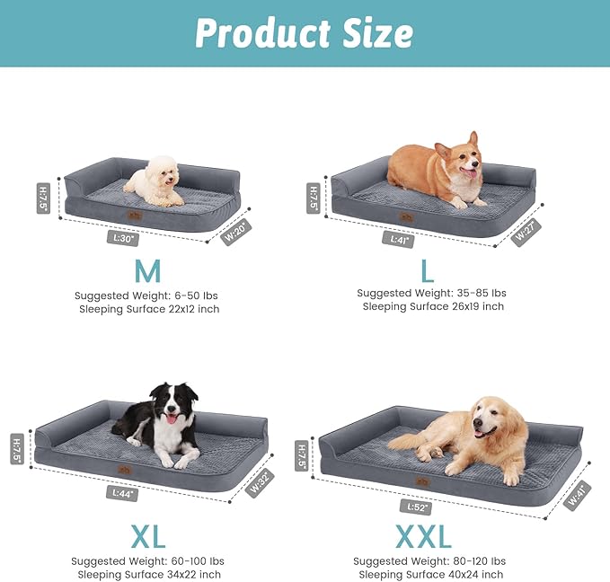 Orthopedic Dog Bed for Medium Sized Dogs,Waterproof Dog Sofa Beds with Sides, Supportive Foam Pet Couch Bed with Removable Washable Cover,Waterproof Lining and Nonskid Bottom,Grey(L-Shaped)