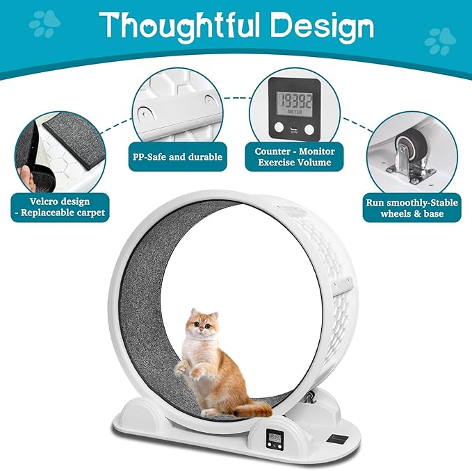 Large Cat Exercise Wheel with Pedometer, 10 Minutes Fast Installation, 41” Cat Wheel with Carpeted Runway Cat Treadmill Cat Running Wheel with Silent Roller for Kitty's Fitness Weight Indoor