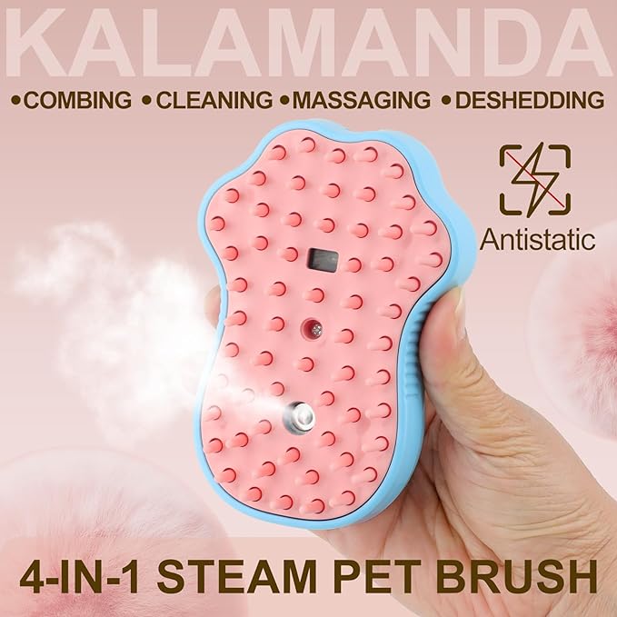 Cat Steam Brush for Shedding, 4 in 1 Steamy Cat Brush with Cleanser, Dog Massage Grooming Brush with Release Button, Pet Hair Cleaning Misting Comb for Kitten(Blue Paw)