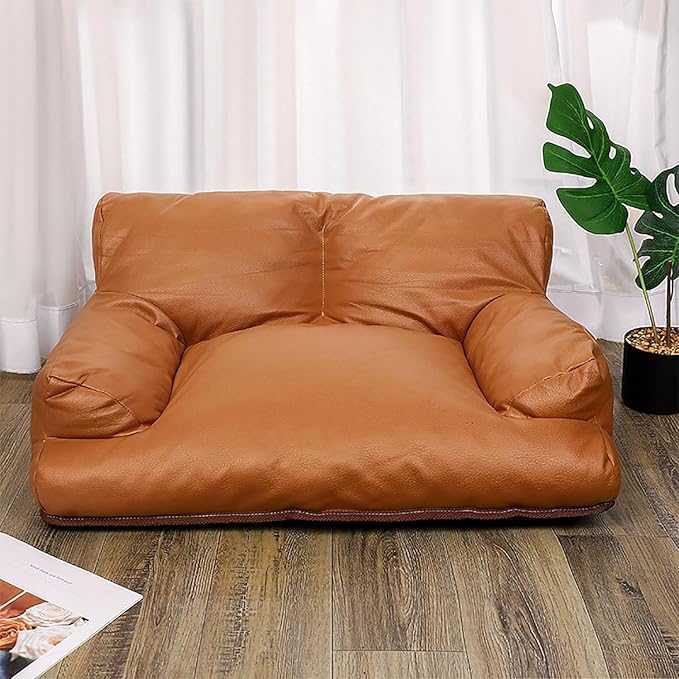 Pet Sofa Bed, Vintage Cat Puppy Faux Leather Couch with Non-Slip Bottom for Cats or Small Medium Dog Chair (Coffee color, Large)