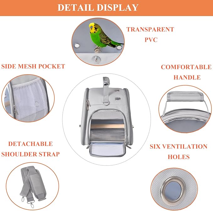 Bird Carrier Travel Cage with Stand, Small Bird Travel Carrier for Parrot with Perch, Small Bird Cage for Travel Parakeet Carrier Bird Bag with Shoulder Strap, Side Access Window (Grey)