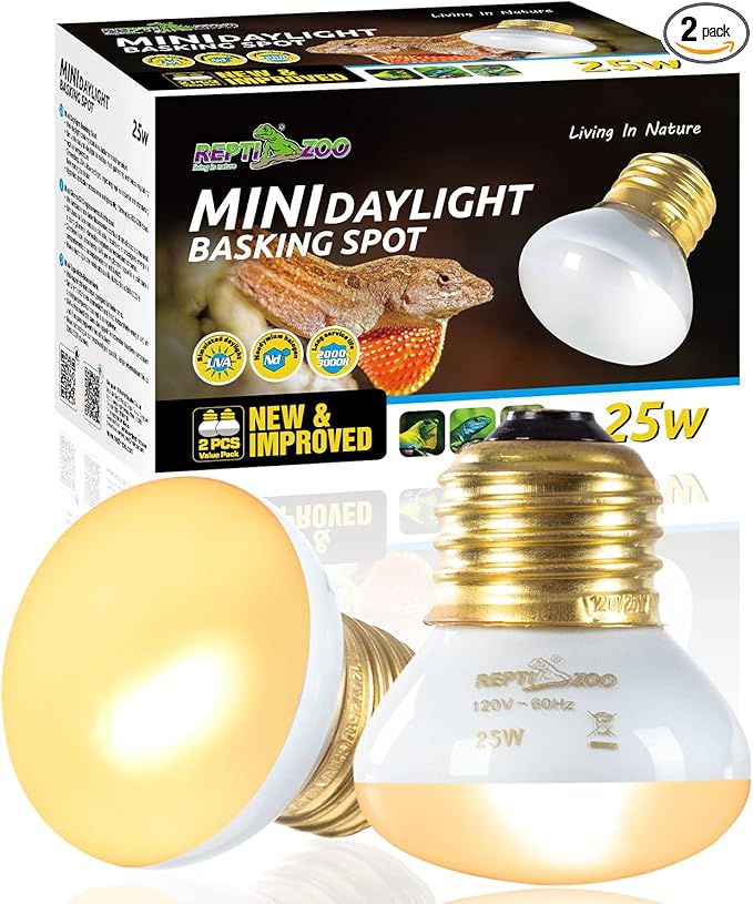 REPTI ZOO 25W Upgraded Nano Reptile Daylight Basking Spot Heat Lamp Bulb 2 Pack, UVA Full Spectrum Sun Light Daytime Heating Lamp for Reptile and Amphibian
