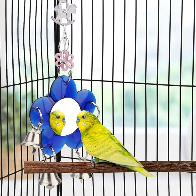 Hypeety Pet Bird Mirror with Bell Interactive Parrot Toy for Parrot Macaw African Greys Budgies Cockatoo Parakeet Cockatiels Conure Lovebird Cage Bells Mirror (B)