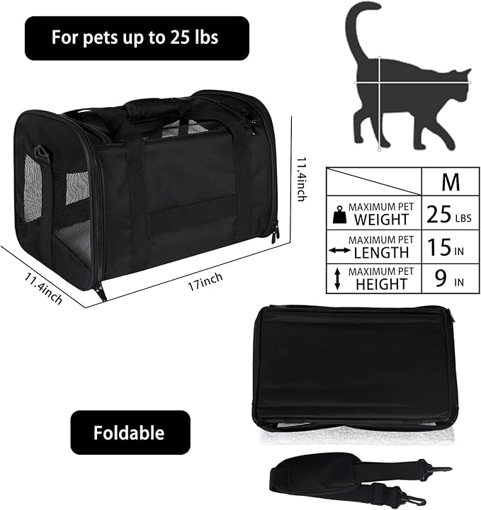 Cat Carrying Case - Pet Carrier Airline Approved, Protable and Breathable Pet Travel Carrier Removable Fleece Pad, Collapsible Cat Carrier Dog Carrier for Medium Cats Small Cats Dogs(Medium, black)