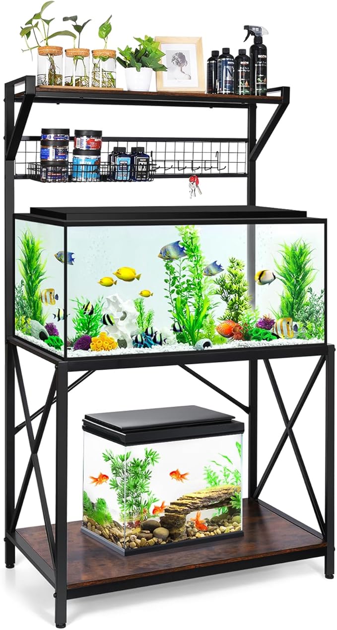 40 Gallon Fish Tank Stand, Vertical Three Tier Metal Aquarium Stand with Grid Wall Panel for Fish Tank Accessories Storage, Fits Aquarium, Turtle Tank, or Reptile Terrariums (Without Basket & Hooks)