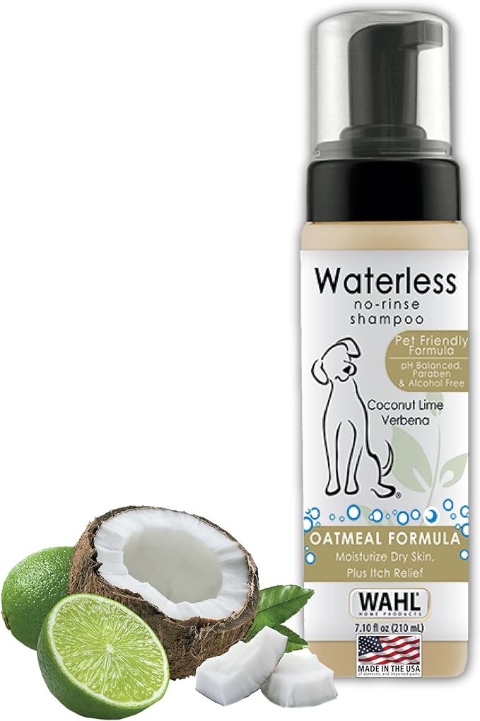 Wahl USA Pet Friendly Waterless No Rinse Shampoo for Animals – Oatmeal & Coconut Lime Verbena for Cleaning, Conditioning, Detangling & Moisturizing Dogs, Cats & Horses – 7.1 Oz - Model 820015A