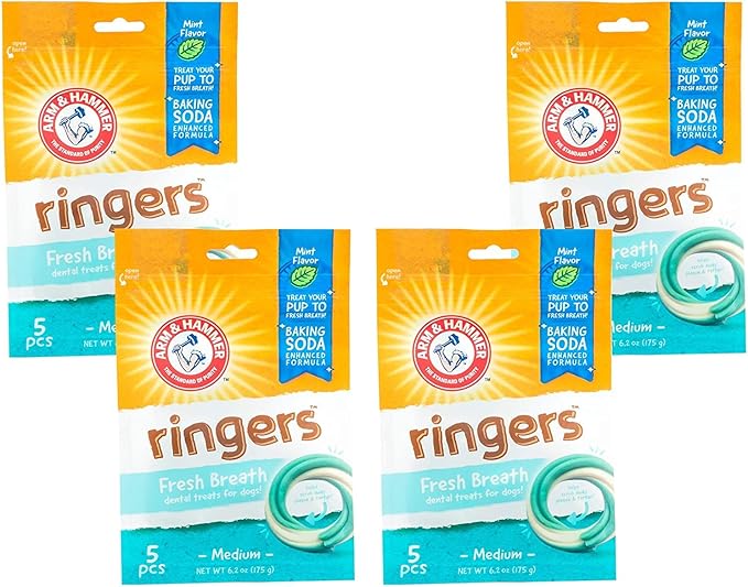 Arm & Hammer for Pets Ringers Dental Treats for Dogs Dog Dental Chews Fight Bad Dog Breath, Plaque & Tartar Without Brushing Fresh Mint Flavor, 4 Pack Dental Dog Chews (Pack of 4, 20 Count Total)