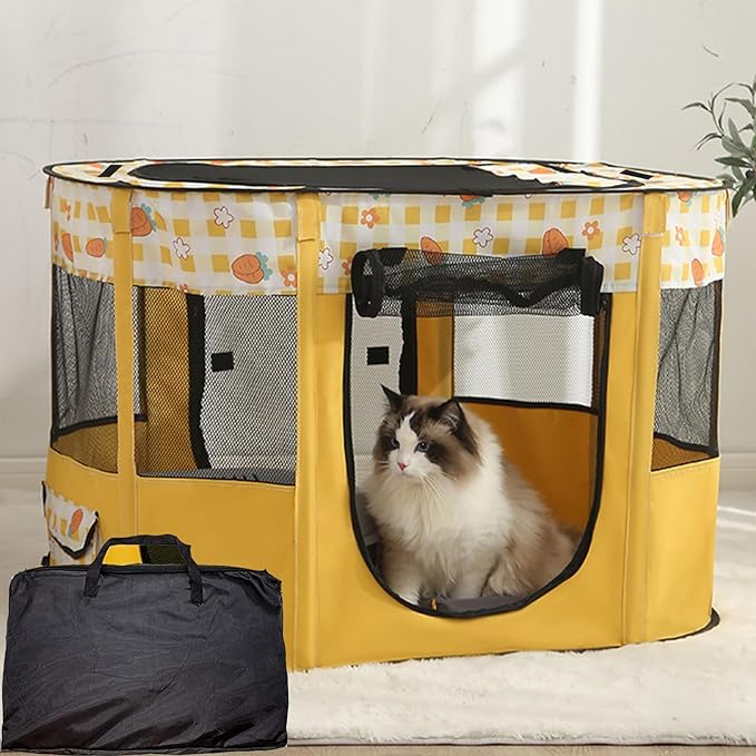 Puppy Playpen, Portable Dog Play Pen, Sturdy Cat Playpen, Foldable pop up pet Tent, Pet Playground Indoor/Outdoo (Yellow, Medium)