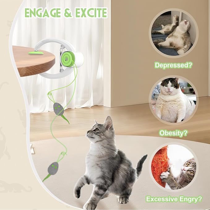 Cat Toy Interactive for Indoor Cats, Smart USB Rechargeable Door Hanging Automatic Retractable Kitten Toys, Teaser Electronic Self Play Feather Cat String Toys Attached with 3 Catnip Mice Green