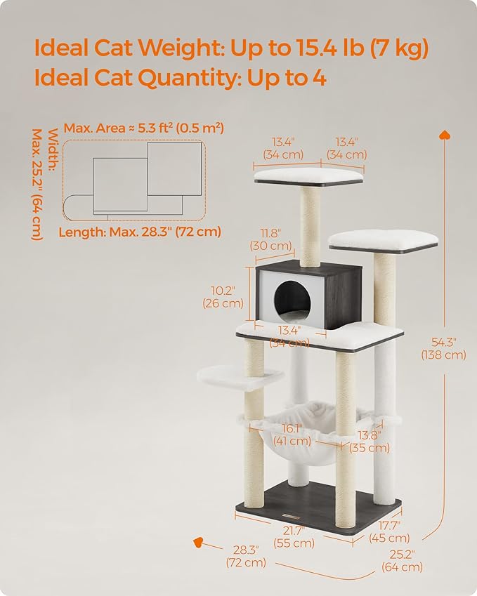 Feandrea Cat Tree, 54.3-Inch Modern Cat Tower for Indoor Cats, Multi-Level Cat Condo, Ultra-Soft Plush, Scratching Posts, Hammock, Removable, Washable Cushions, Misty Gray UPCT164G02