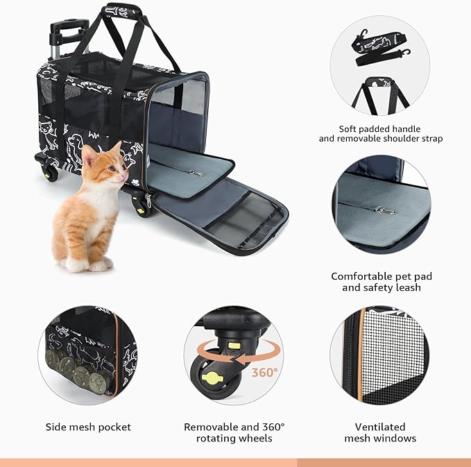 Lekereise Cat Carrier with Wheels for Small Pet, Airline Approved Dog Carrier with Wheels, Rolling Dog Cat Carrier, Black with Pattern