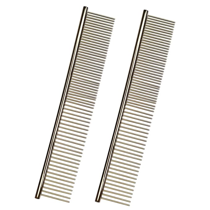 Kopal Dog Comb 2 Pack Metal Comb for Dogs and Cats, Rounded Teeth Pet Steel Combs, Rustproof Stainless Steel Combs, Cat Comb, Pet Dematting & Deshedding Brush, Pet Grooming Combs, 7.4in - Gold