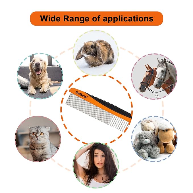 Metal Dog Comb, Cat Comb with Rounded and Smooth Ends Stainless Steel Teeth and NonSlip Grip Handle, Professional Dog Grooming Tools for Removes Tangles and Knots, Greyhound Comb, Pet Comb