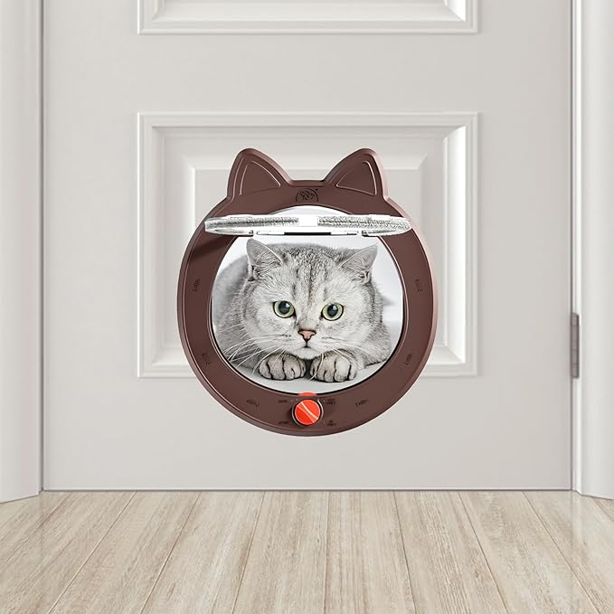 Pet Door, Cat Door for Interior Exterior Doors, 7.5" x 7.5" Inner Frame, 4-Way Locks, for Cats and Small Dogs, Easy to Install, Suitable for Interior and Exterior Doors, Coffee