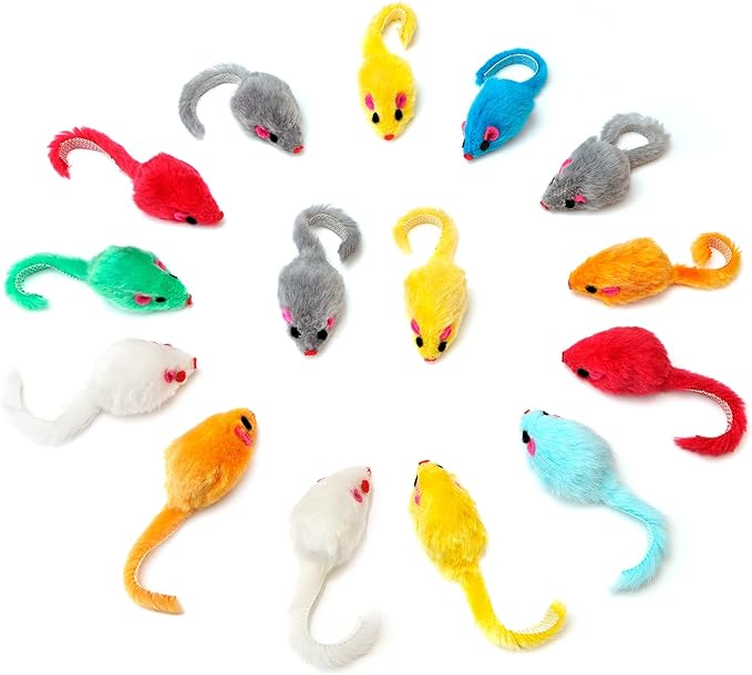 CHIWAVA 60PCS 4.1'' Furry Cat Toy Mice Rattle Small Mouse Kitten Interactive Play Assorted Color