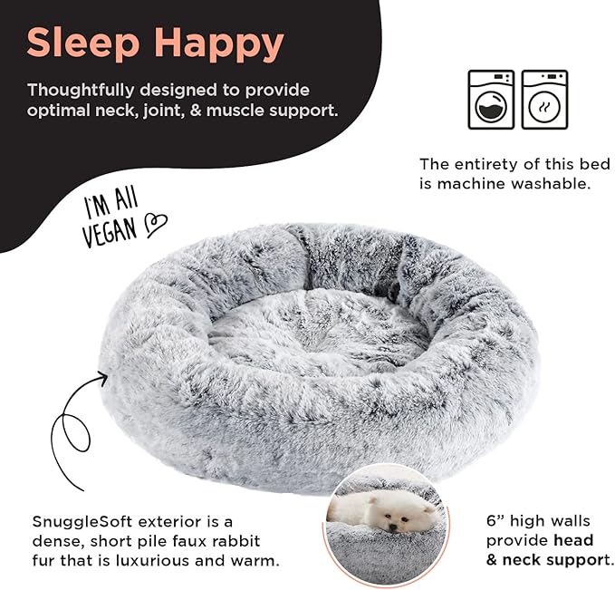 Best Friends by Sheri SnuggleSoft Faux Rabbit Fur Memory Foam Calming Donut Bed for Small Dogs and Cats, Grey, 18" x 18"