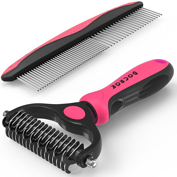 Pet Grooming Brush and Metal Comb Combo, Cat Brush Dog Brush for Shedding, Undercoat Rake for Dogs Grooming, Dematting Deshedding Brush Dogs Shedding Tool for Long matted Haired Pets, Pink