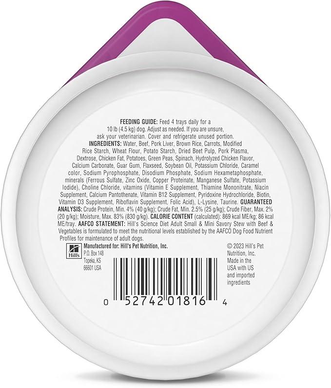 Hill's Science Diet Small & Mini, Adult 1-6, Small & Mini Breeds Premium Nutrition, Wet Dog Food, Beef & Vegetables Stew, 3.5 oz Tray, Case of 12