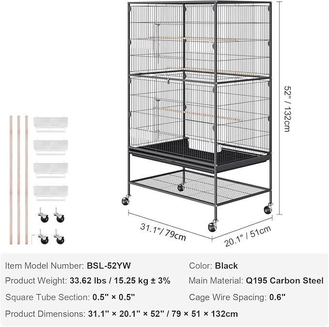 VEVOR 52 Inch Standing Large Bird Cage, Wrought Iron Flight Bird Cage with Rolling Stand and Slide Out Tray, Parakeet Cage Bird Cage for Parrots, Macaw, Cockatiels, Canary, Finch, Lovebirds, Pigeons