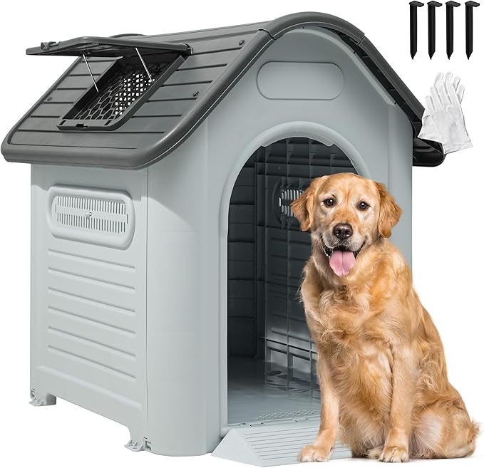 YITAHOME 39.4'' Large Dog House Outdoor Plastic Doghouse Water Resistant Pet House with Adjustable Skylight and Elevated Base for Small, Medium, and Large Dogs (39.4''L*33.5''W*37.8''H)