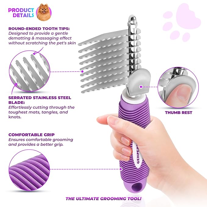 Dematting Undercoat Rake Comb for Dogs & Cats with Long 2.5-In Stainless Steel Safety Blades for Removing Knots, Mats & Tangles - Pet Grooming Deshedding Brush Tool with Anti-Slip Grip