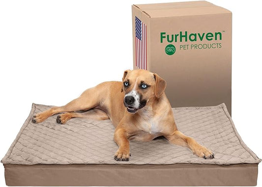 Furhaven Water-Resistant Cooling Gel Dog Bed for Large/Medium Dogs w/ Removable Quilt Top & Washable Cover, For Dogs Up to 55 lbs - Indoor/Outdoor Quilt Top Convertible Mattress - Sand, Large