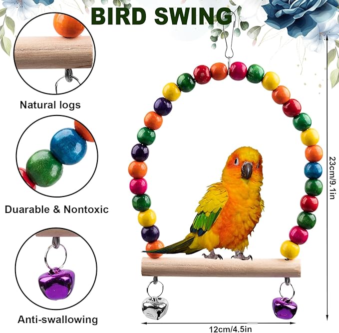 Bird Toys for Parakeets 7Pcs, Wood Parrots Toys Budgie Toys for Bird Cage Accessories, Bird Perch Swings for Small Birds Toys, Conure Cockatiel Toys, Bird Ladder Swing for Parakeets Climbing 18''