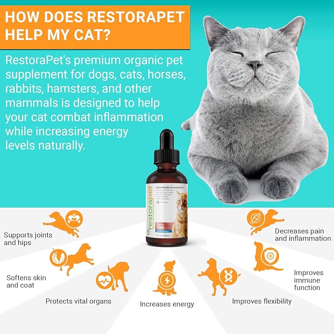 RestoraPet Organic Cat Supplement | Healthy & Safe Antioxidant Liquid Drops | Anti-Inflammatory Multi-Vitamin | Increases Mobility & Energy | Cat Joint Supplement | Tuna Flavored