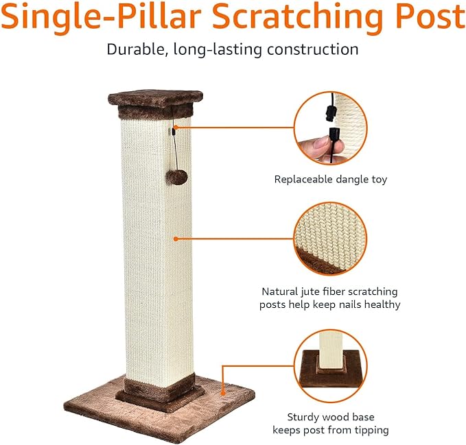 Amazon Basics Tall Cat Scratching Post with Jute Fiber and Brown Carpet, Large, 15.75’’ L x 15.75’’ W x 35.43’’ H